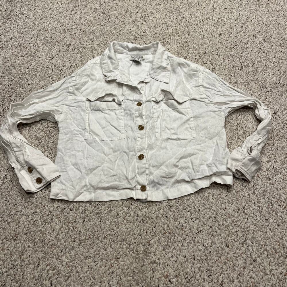 Rachel Zoe Linen Cropped Jacket L White Coastal Preppy Classic Casual